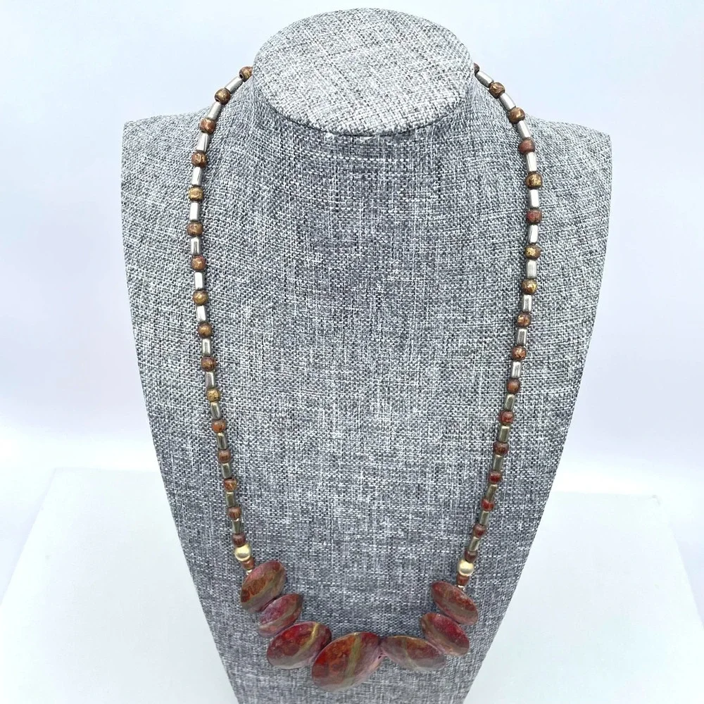 VTG‎ Earthy Jasper Stone Slab Necklace Brown Wood Tube Spacer Bead Chunky Tribal